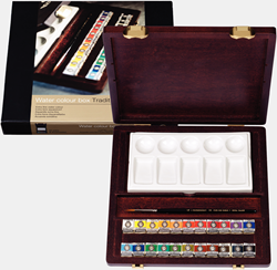 Rembrandt aquarelverf kist traditional 22 halve napjes, penseel + mengschaal