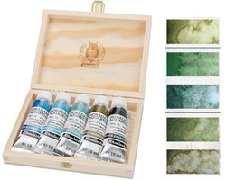 Schmincke Horadam aquarel super granulatie set 'glacier' houten kistje 5x15 ml.