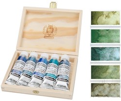 Schmincke Horadam aquarel super granulatie set 'deep sea' houten kistje 5x15 ml.