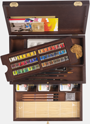 Rembrandt aquarelverf houten kist master 42 halve napjes en accessoires